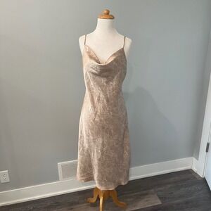 Forever 21 Women Slip Dress Beige Snakeskin Cowl Neck Midi Satin M Y2K